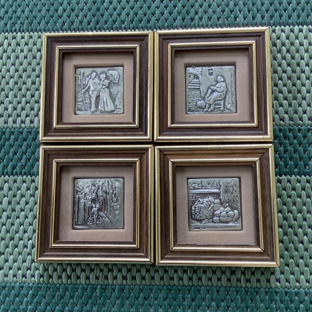 Vintage Italian 925 Sterling Silver Miniature Framed Art Plaques Lot of 4 3.5"